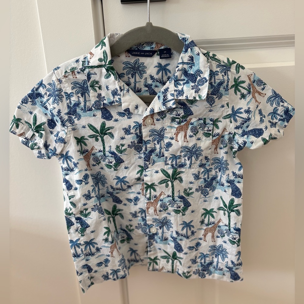 Janie and Jack Blue White Palm Print Button up Shirt 2T